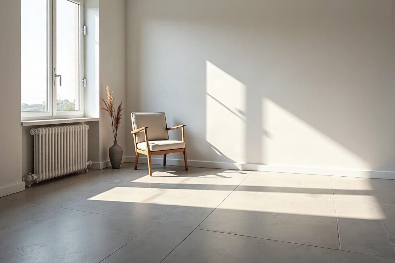 Règle de maçon posée sur une chape fraîchement dressée, contrôle du niveau avant séchage