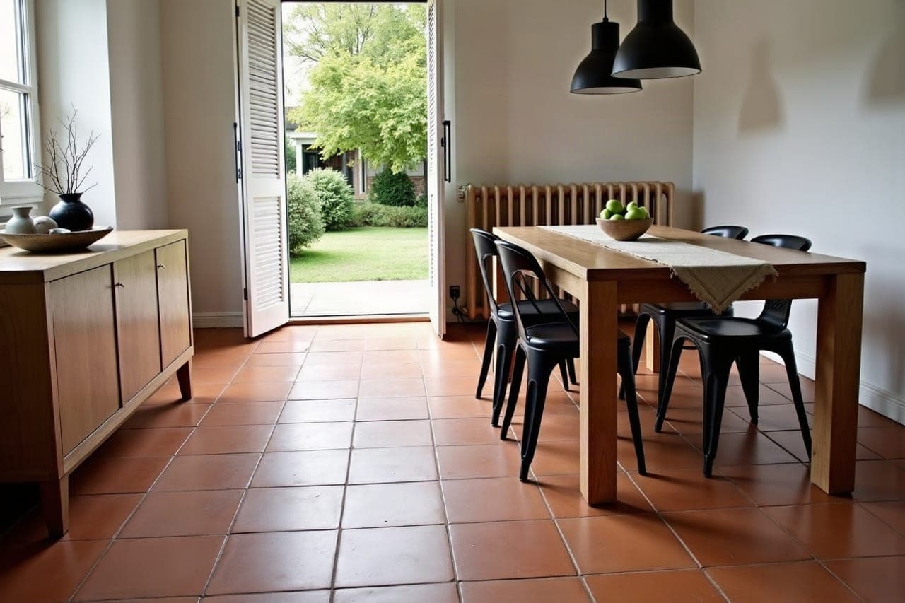 Seuil entre un ancien carrelage conservé et un carrelage neuf posé dans la pièce voisine, jonction nette et de niveau