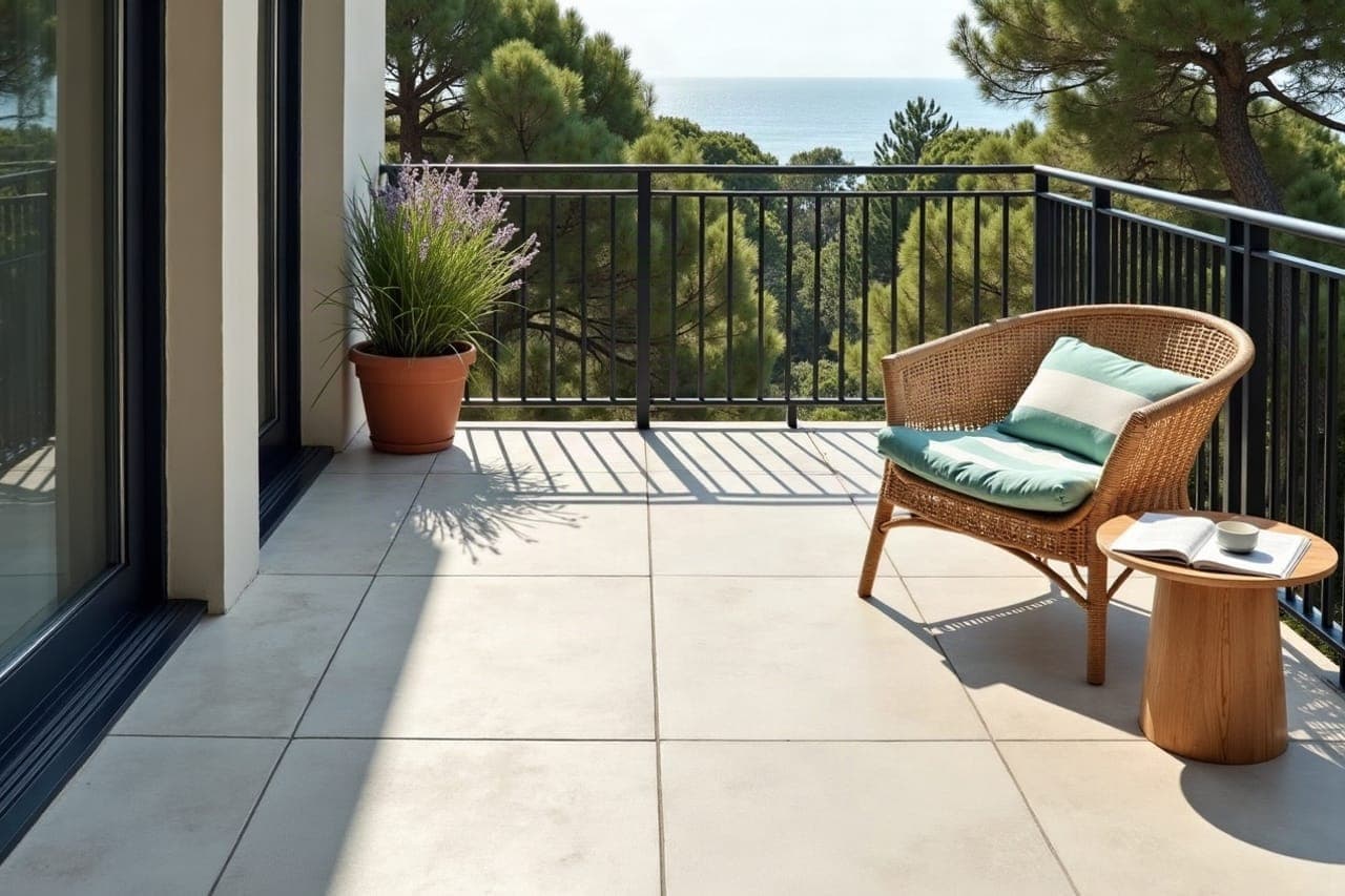 Joint de fractionnement sur une terrasse extérieure carrelée, surface régulière et de niveau