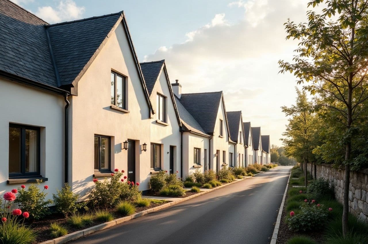 Ruelle de maisons reconstruites des années cinquante à Donges, jardins de roses sous un large ciel d'estuaire