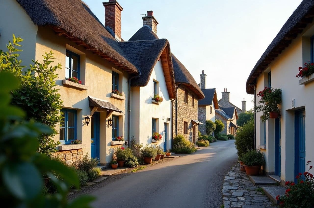 Ruelle de bourg de La Chapelle-des-Marais, chaumières et maisons de pierre fleuries