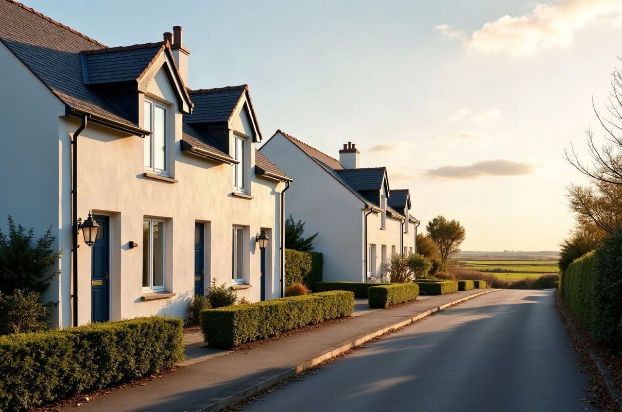 Rue résidentielle de Montoir-de-Bretagne, maisons enduites aux haies taillées face aux prairies de l'estuaire