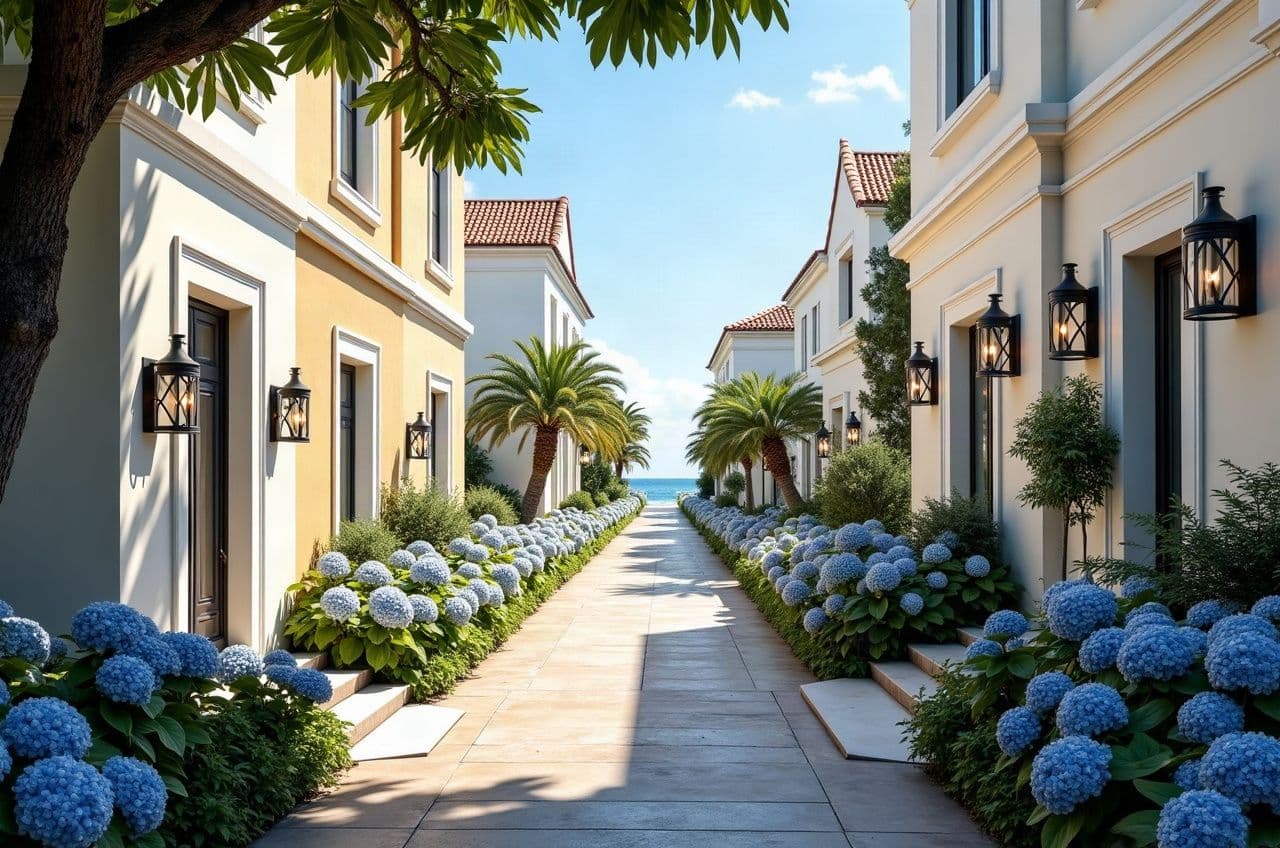 Allée de villas balnéaires de Pornichet fleurie d'hortensias bleus, la mer en toile de fond