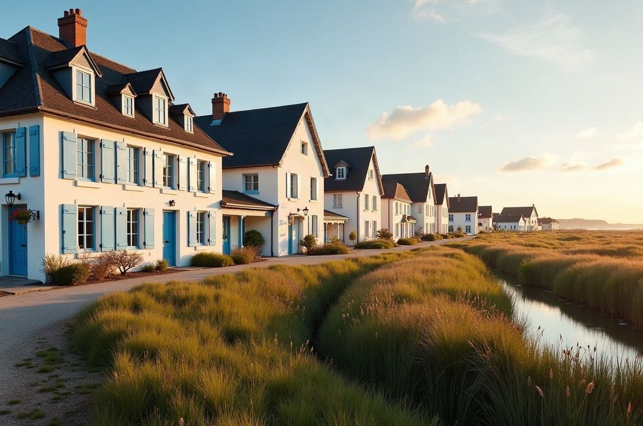 Maisons aux volets bleus de Saint-André-des-Eaux en bordure de marais, roselières au premier plan