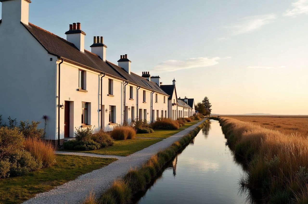 Maisons blanches de Saint-Malo-de-Guersac le long d'un canal, face à l'immensité des roselières de Brière