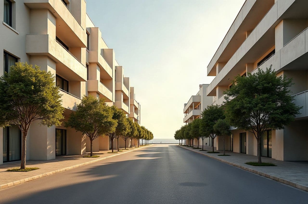 Avenue bordée d'immeubles de la Reconstruction à Saint-Nazaire, façades claires à bandeaux de balcons ouvrant vers l'estuaire