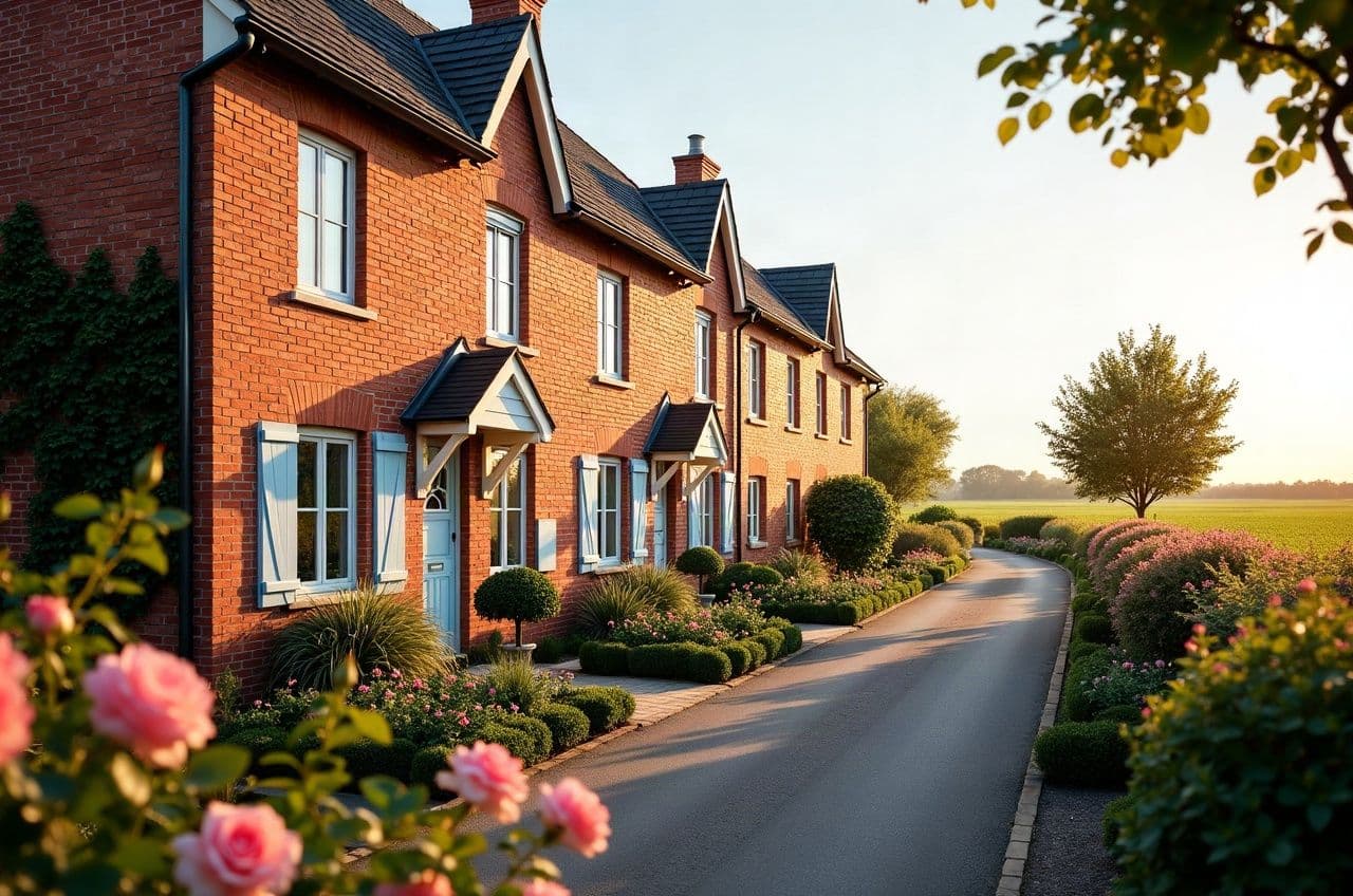 Alignement de maisons ouvrières en brique de Trignac, jardinets fleuris dans la lumière du soir
