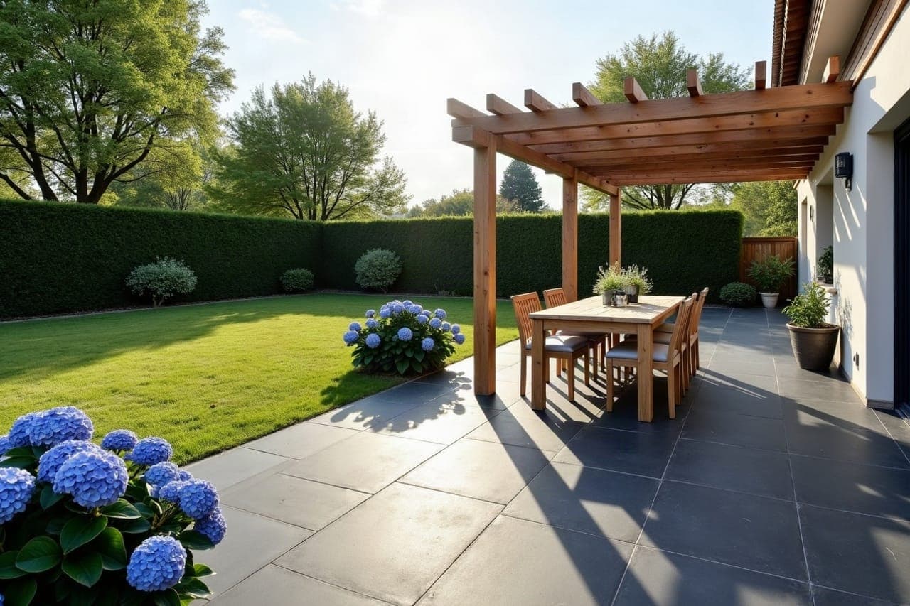 Terrasse d'une maison de hameau à Besné, carrelage extérieur effet pierre bleue sous une pergola en bois