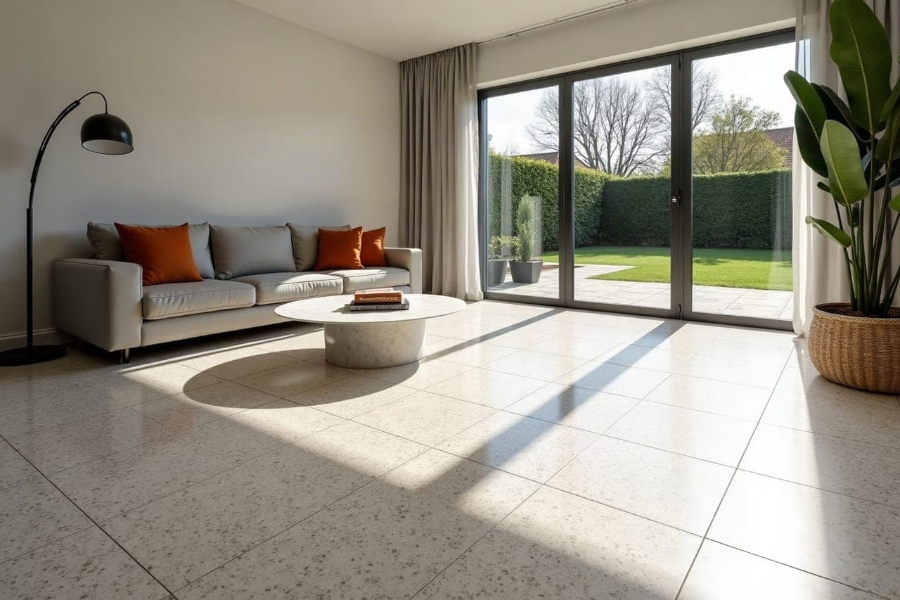 Séjour d'une maison neuve de Saint-André-des-Eaux, sol carrelé en grand format effet terrazzo clair moucheté