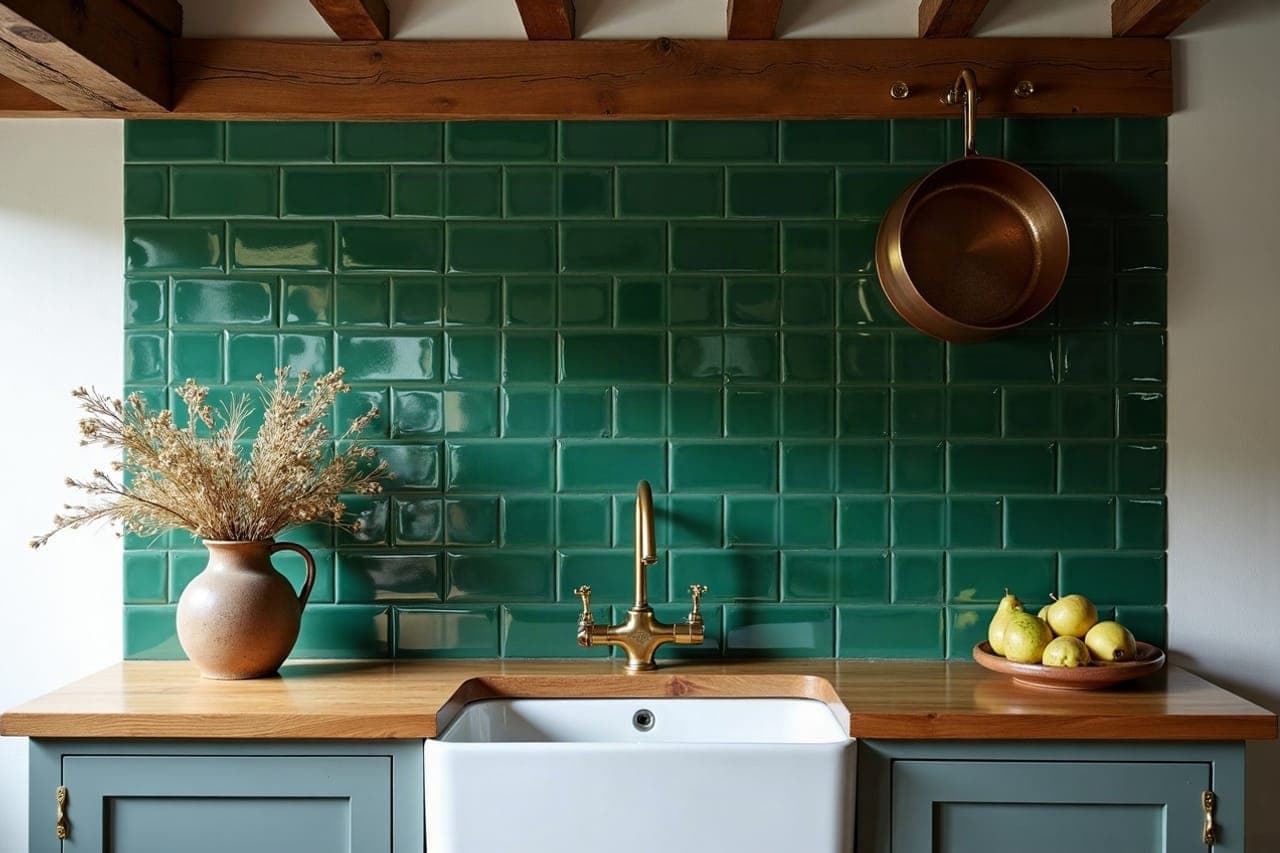 Cuisine d'une longère briéronne de Saint-Joachim, crédence en zellige vert d'eau brillant sous des poutres sombres