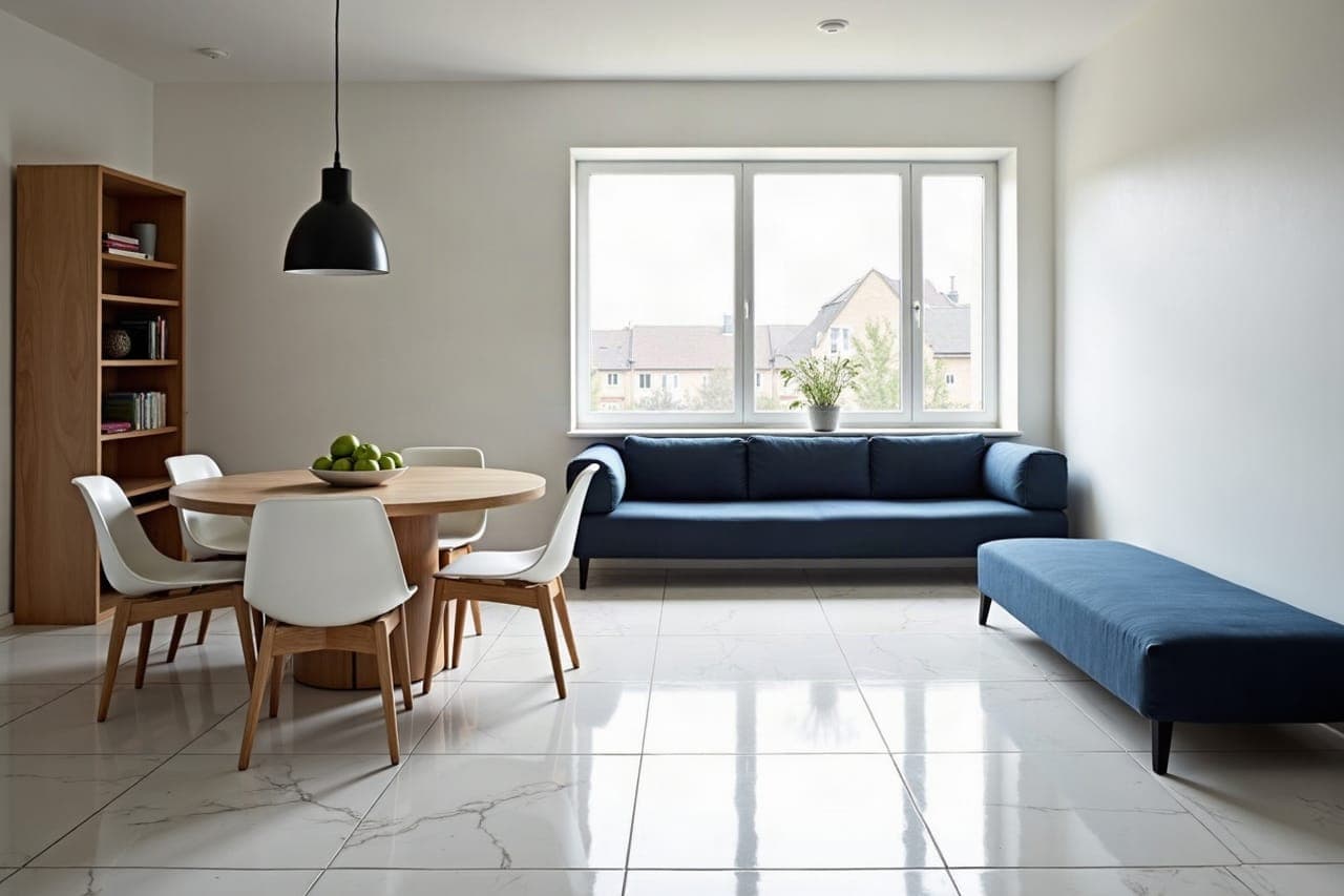 Séjour d'un appartement de la Reconstruction à Saint-Nazaire, sol carrelé en grand format poli effet marbre blanc veiné