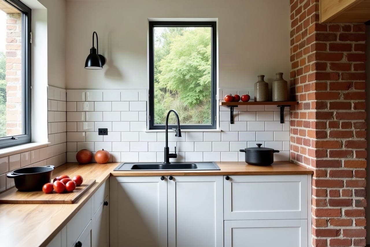 Cuisine d'une maison de l'ancienne cité ouvrière de Trignac, crédence en faïence blanche à joints foncés et mur de brique