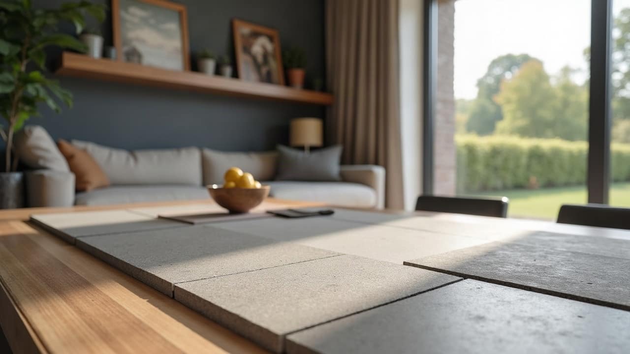 Planche d'échantillons de grès cérame gris et brun posée sur une table basse en bois, séjour lumineux en arrière-plan, aucune personne, aucun texte