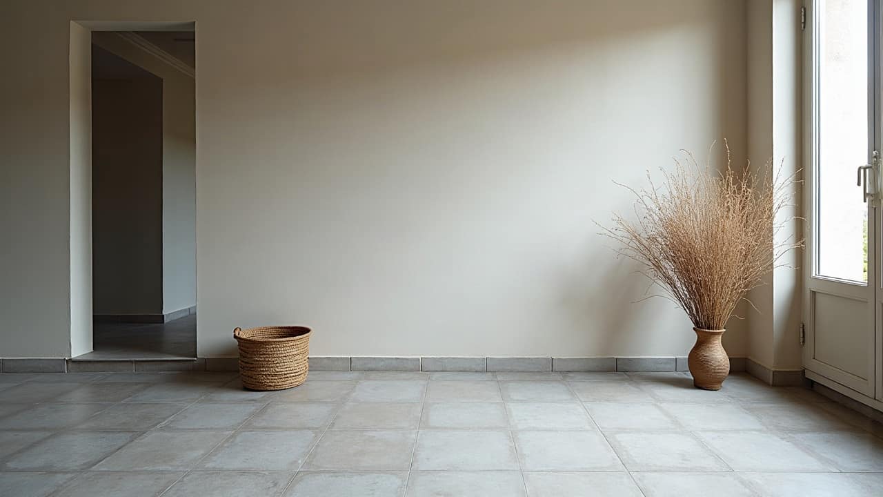Sol en grès cérame gris ardoise mat dans une buanderie finie et rangée, panier en osier posé au sol, lumière naturelle, aucune personne