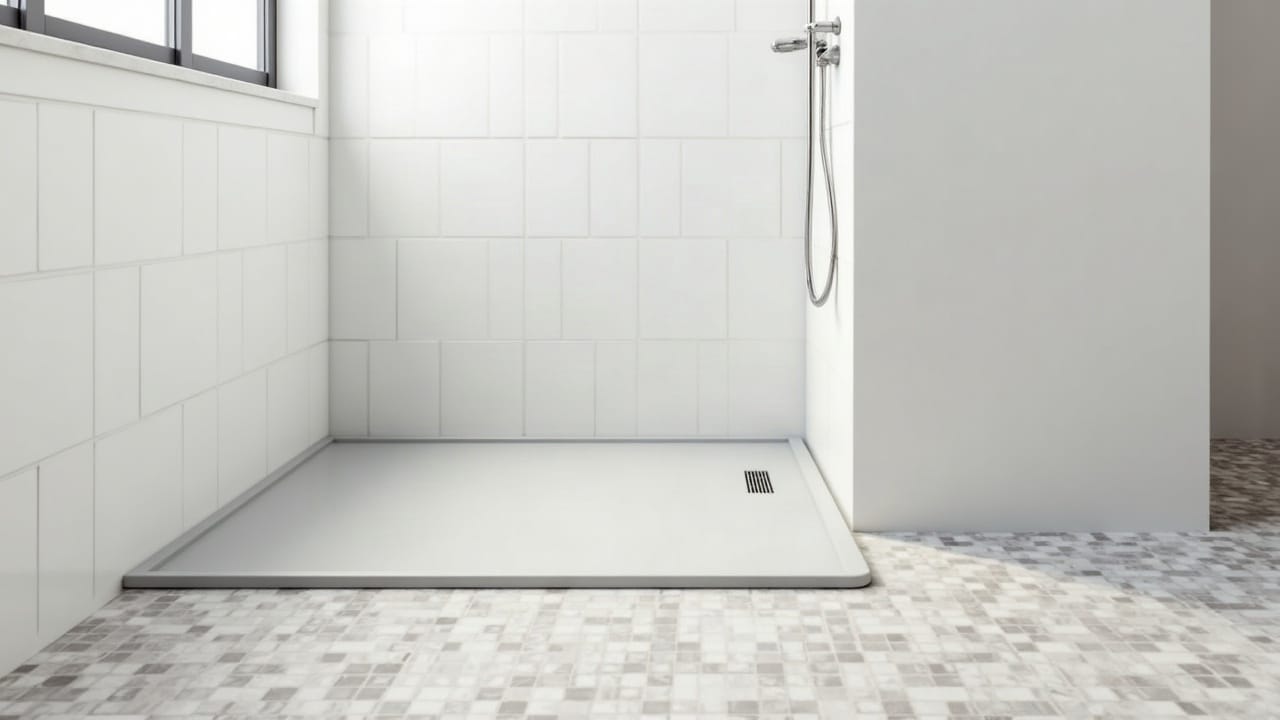 Salle d'eau rénovée avec sol et faïence murale assortis, receveur extra-plat, lumière naturelle