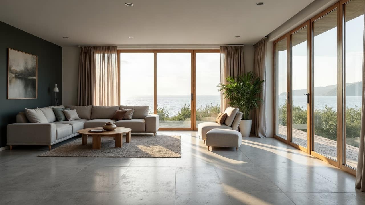 Sol en grand format grès cérame gris perle dans un séjour lumineux, mobilier en bois massif brut, plante verte près de la baie, aucune personne