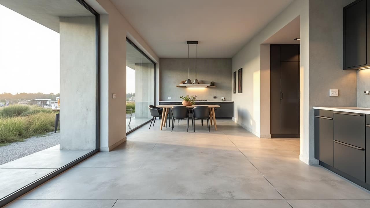 Sol en grand format grès cérame effet béton gris perle, joints fins et discrets, séjour fini et lumineux, aucune personne
