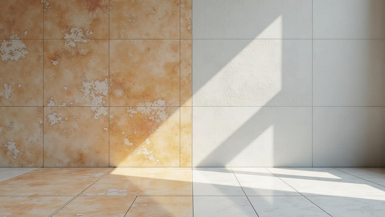 Détail rapproché de deux surfaces de sol posées côte à côte, grès cérame effet pierre et pierre naturelle véritable, lumière rasante, aucune personne