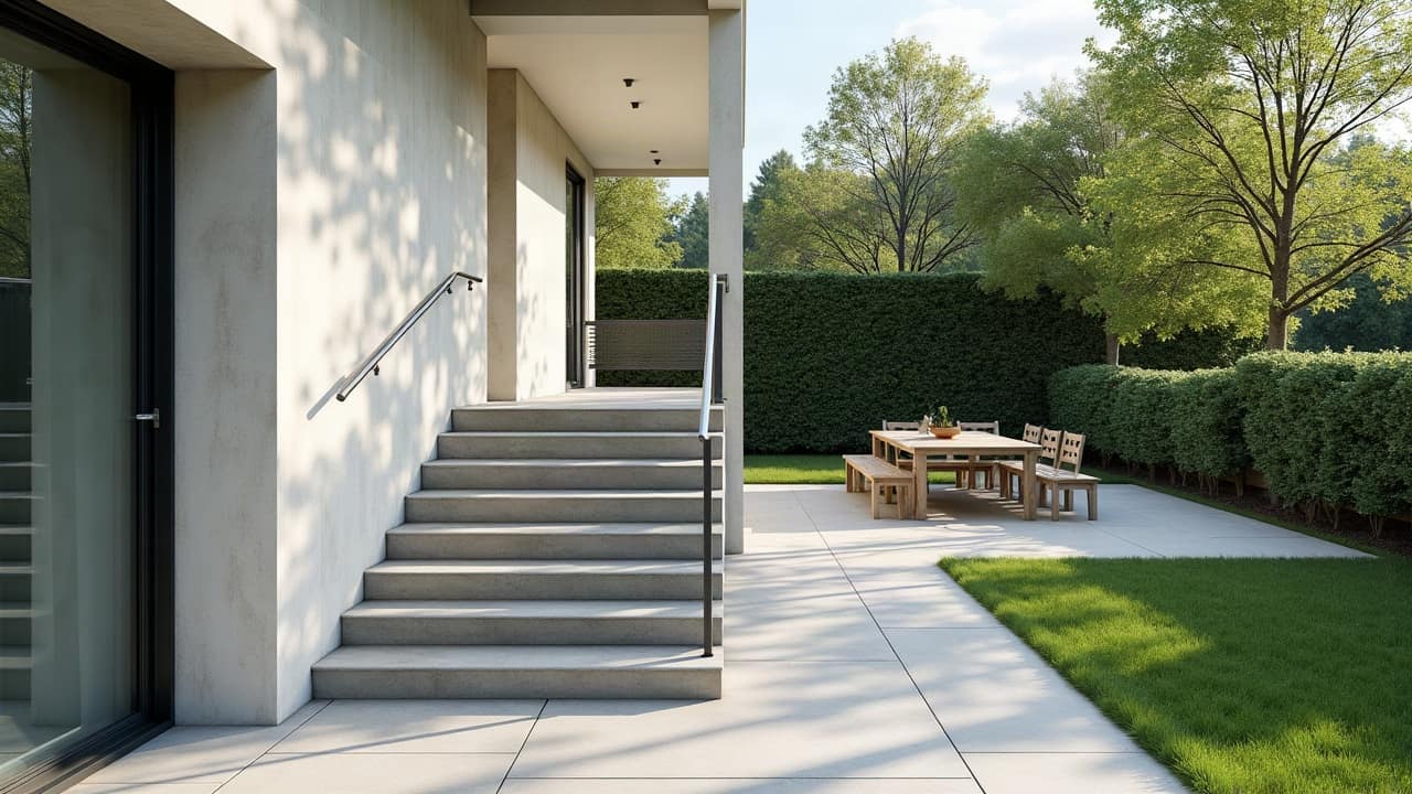 Marche d'escalier extérieur en grès cérame gris clair avec nez de marche marqué en relief léger, jardin flou en arrière-plan, aucune personne