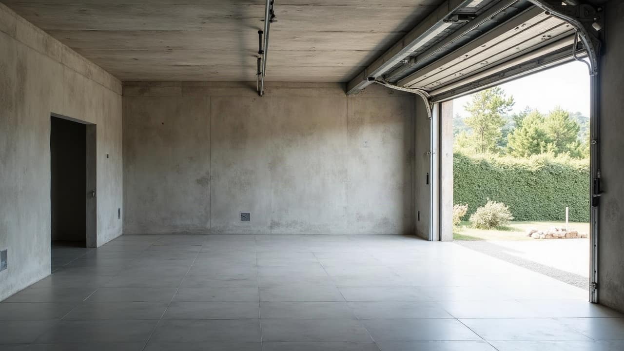 Sol de garage en grand format grès cérame gris ardoise mat, espace vide et propre, lumière naturelle par une porte entrouverte, aucune personne, aucun véhicule