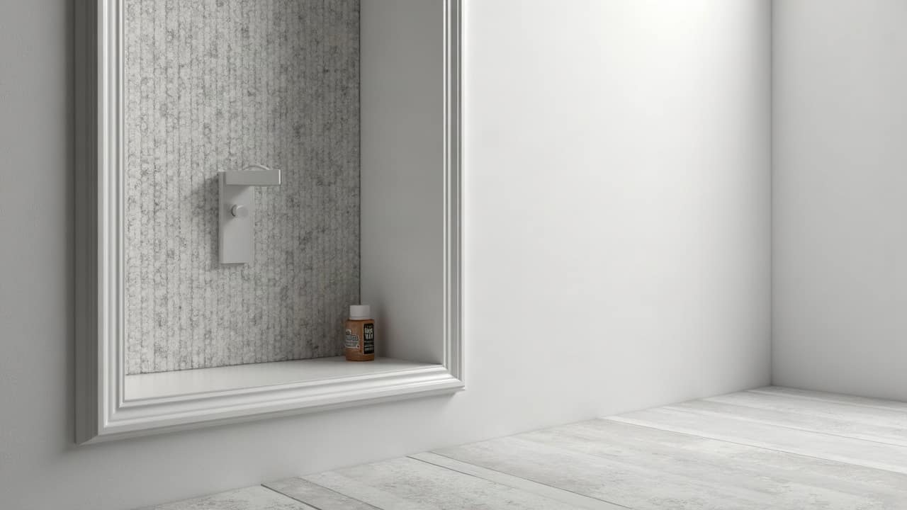 Détail d'une niche de douche habillée en mosaïque de grès cérame gris clair, faïence murale blanche autour, lumière naturelle, aucune personne