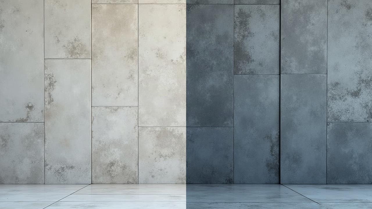 Détail de deux échantillons de grès cérame extérieur, l'un effet pierre bleue et l'autre effet ardoise anthracite, posés côte à côte, aucune personne