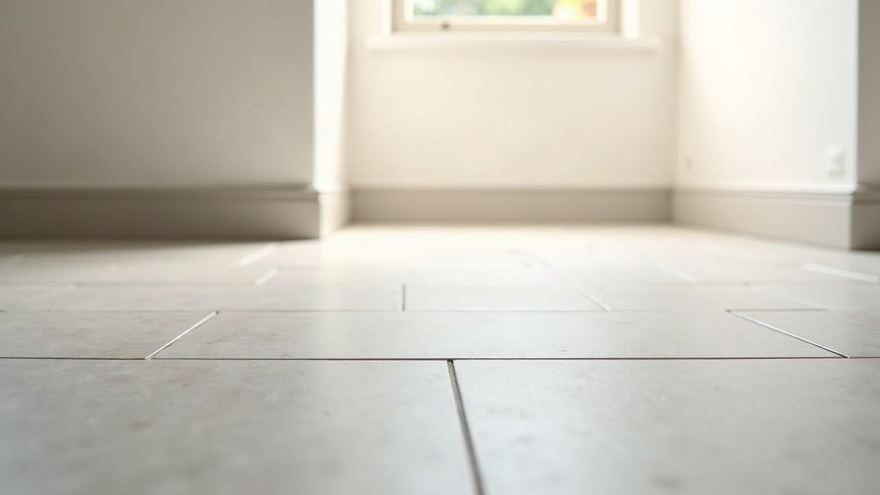 Détail d'un sol en grès cérame gris clair posé sur une chape, joints fins et réguliers