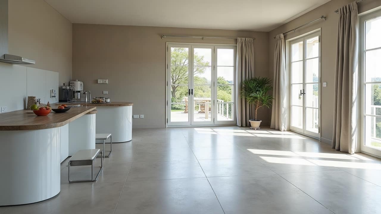 Sol fini en grand format grès cérame gris clair, joints réguliers, séjour lumineux, aucune personne, aucun défaut visible