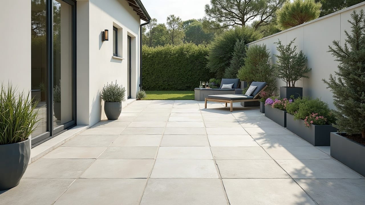 Terrasse extérieure en gres cérame gris ouverte sur un jardin, lumière d'estuaire douce