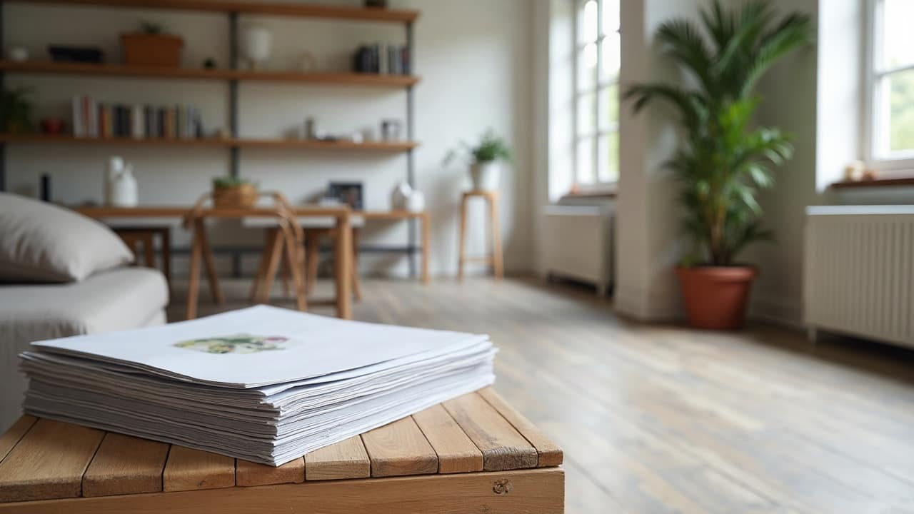 Documents et attestation posés sur une table basse en bois dans un séjour rénové, sol en grès cérame fini en arrière-plan, aucune personne, aucun texte lisible