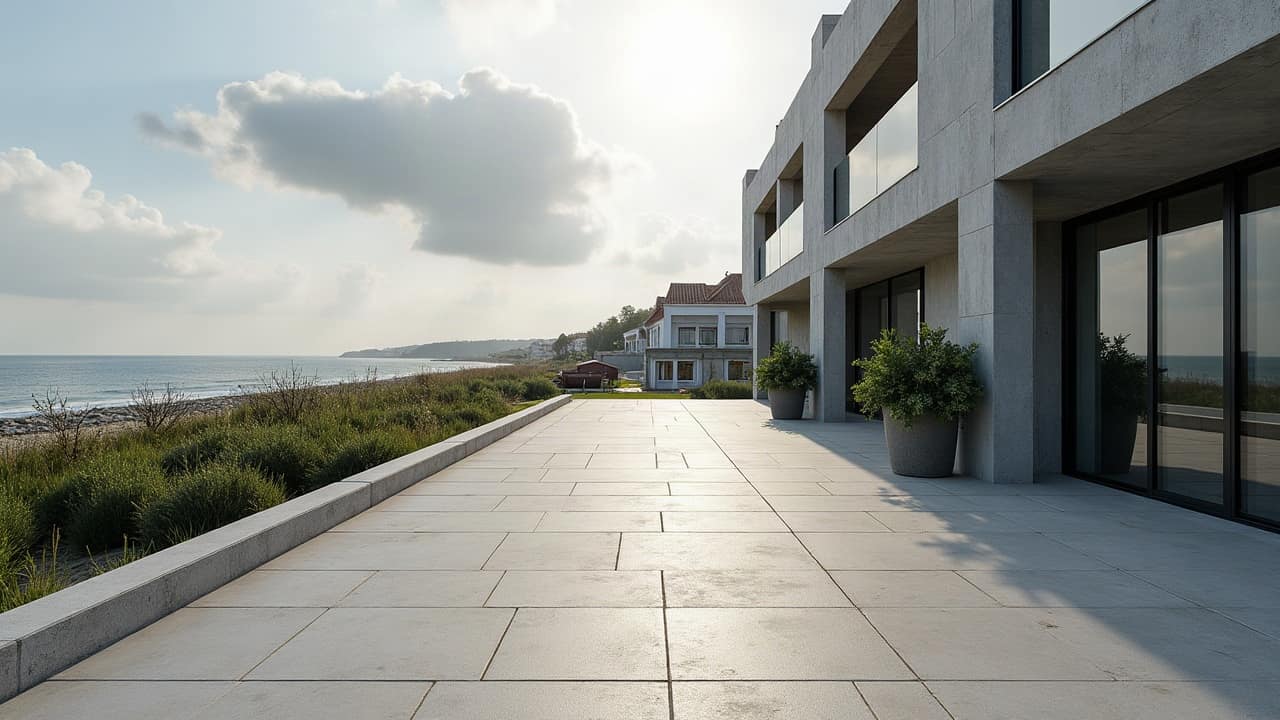 Terrasse en grès cérame gris clair donnant sur un jardin proche du littoral, hortensias et pins maritimes en arrière-plan, ciel couvert lumineux, aucune personne