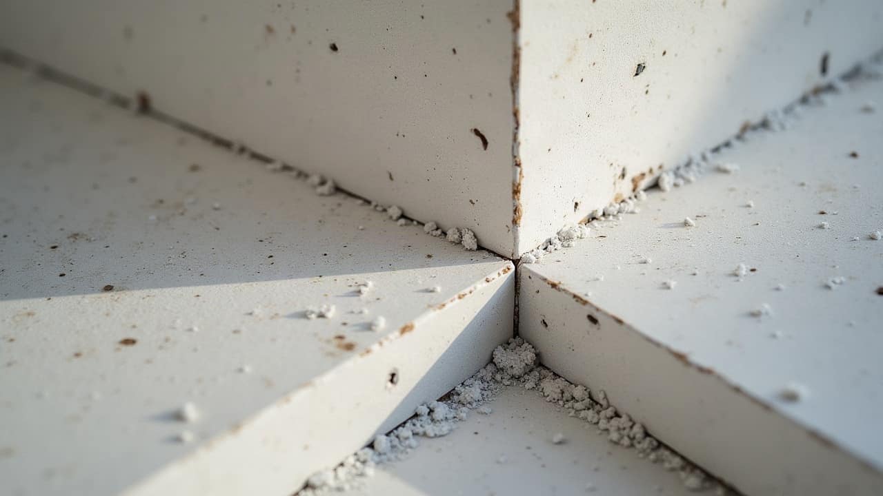 Croisillons en place aux angles de quatre carreaux de grès cérame gris clair fraîchement posés, une seule main les ajustant, aucun visage
