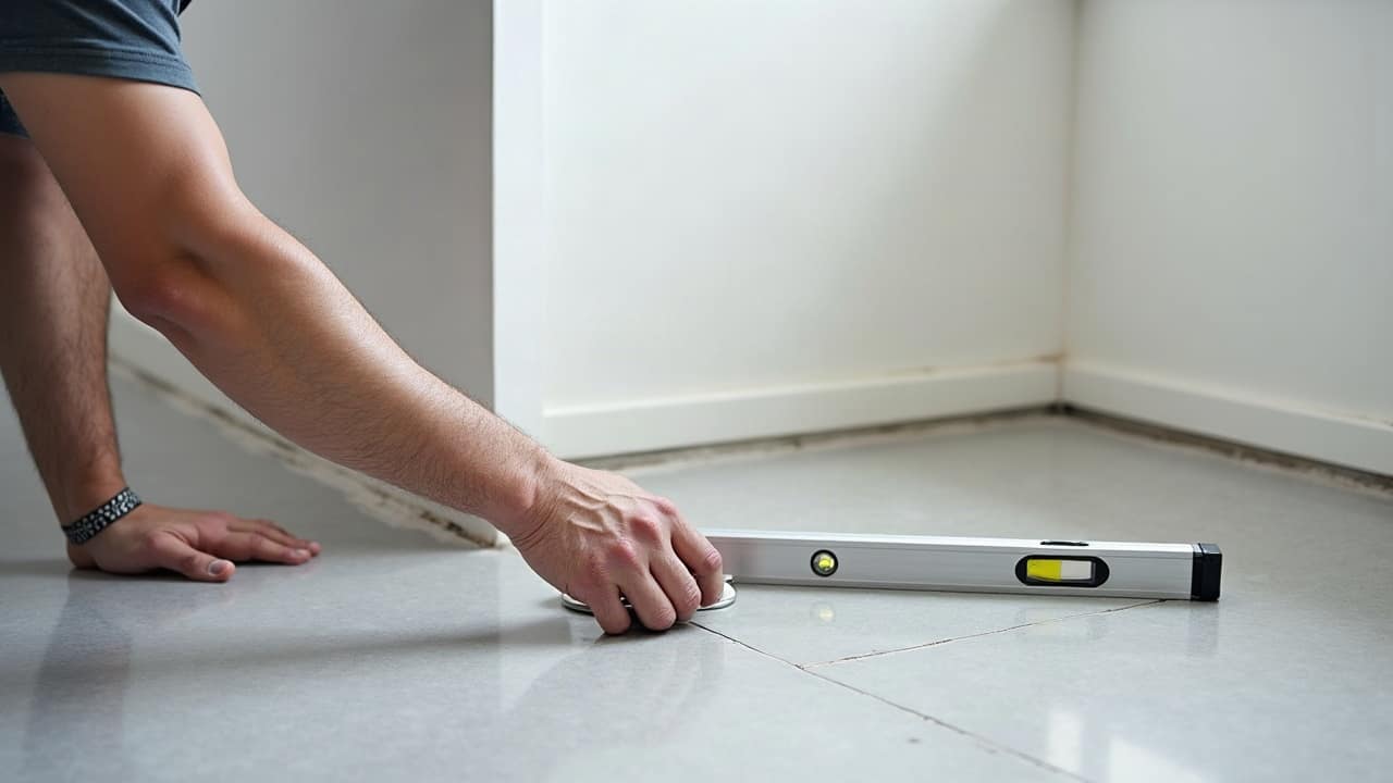 Règle en aluminium et niveau à bulle posés sur un carreau de grès cérame gris clair près d'un angle de mur, une seule main en train de mesurer, aucun visage
