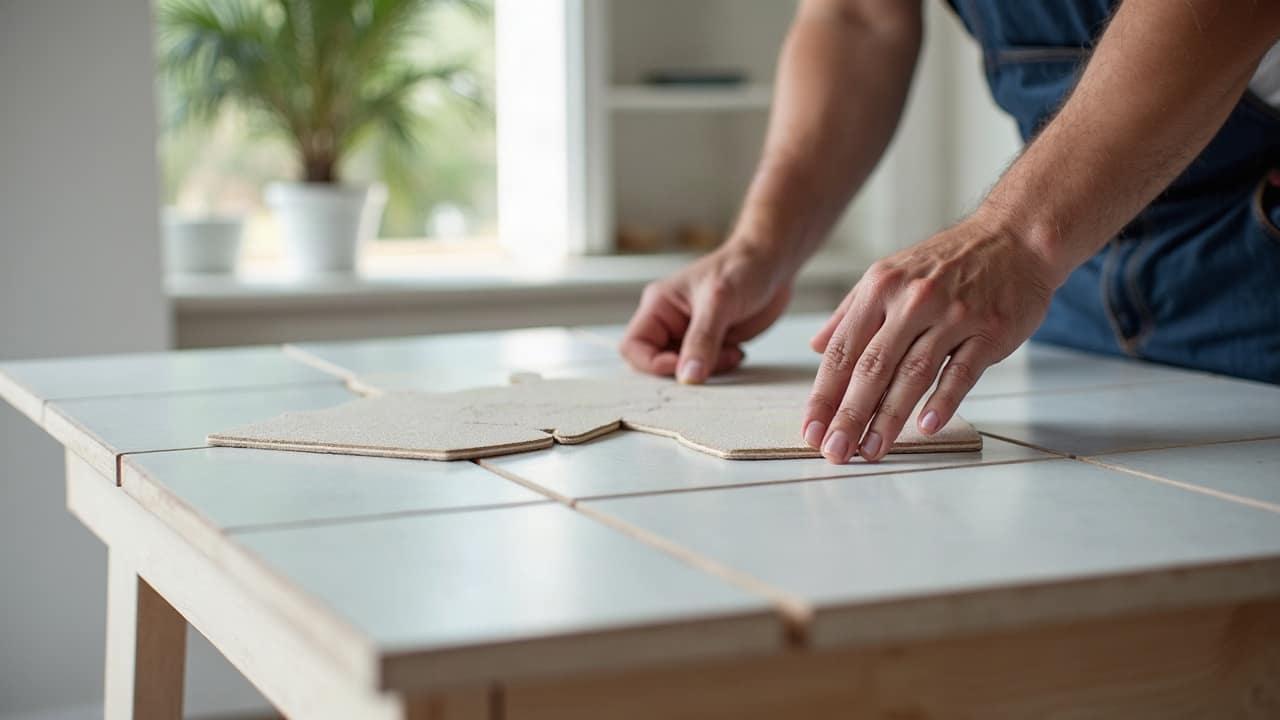 Devis détaillé et échantillon de carrelage posés sur une table de chantier, aucune personne, aucun texte lisible, aucun montant