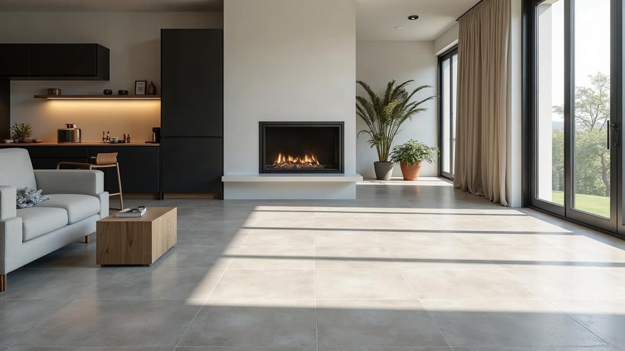 Sol fini en grand format grès cérame gris clair dans un séjour lumineux, joints fins réguliers, aucune personne, aucun outil visible