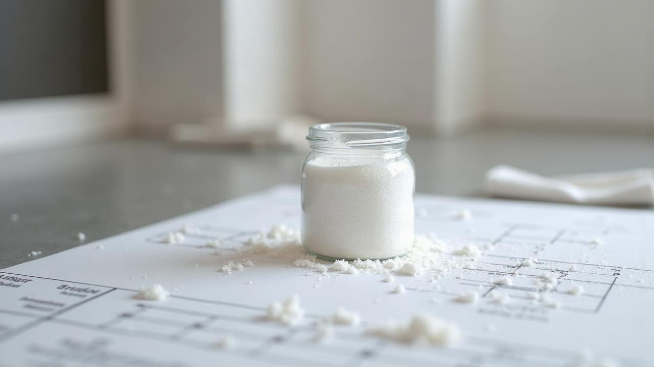 Chiffon microfibre et petit récipient de bicarbonate posés sur un plan de travail près d'un sol en grès cérame gris clair propre, aucune personne