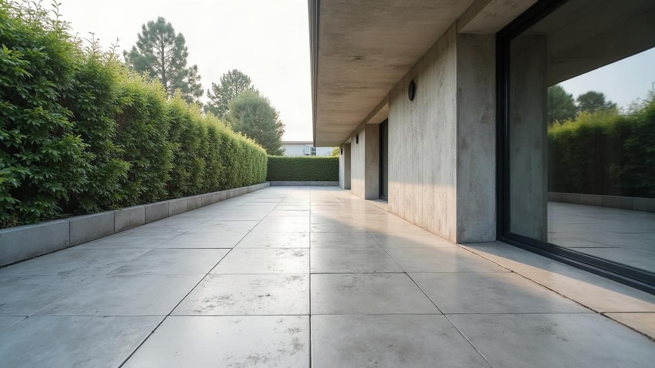 Terrasse en grès cérame gris clair fraîchement nettoyée, quelques gouttes d'eau encore visibles, jardin printanier en arrière-plan, aucune personne