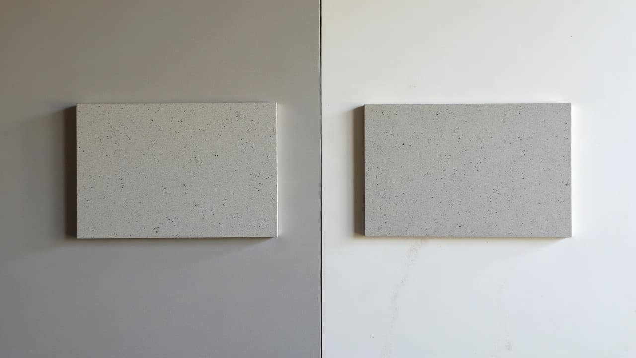 Comparaison de deux échantillons de grès cérame gris clair posés côte à côte sur une chape neuve, différence de nuance visible, aucune personne