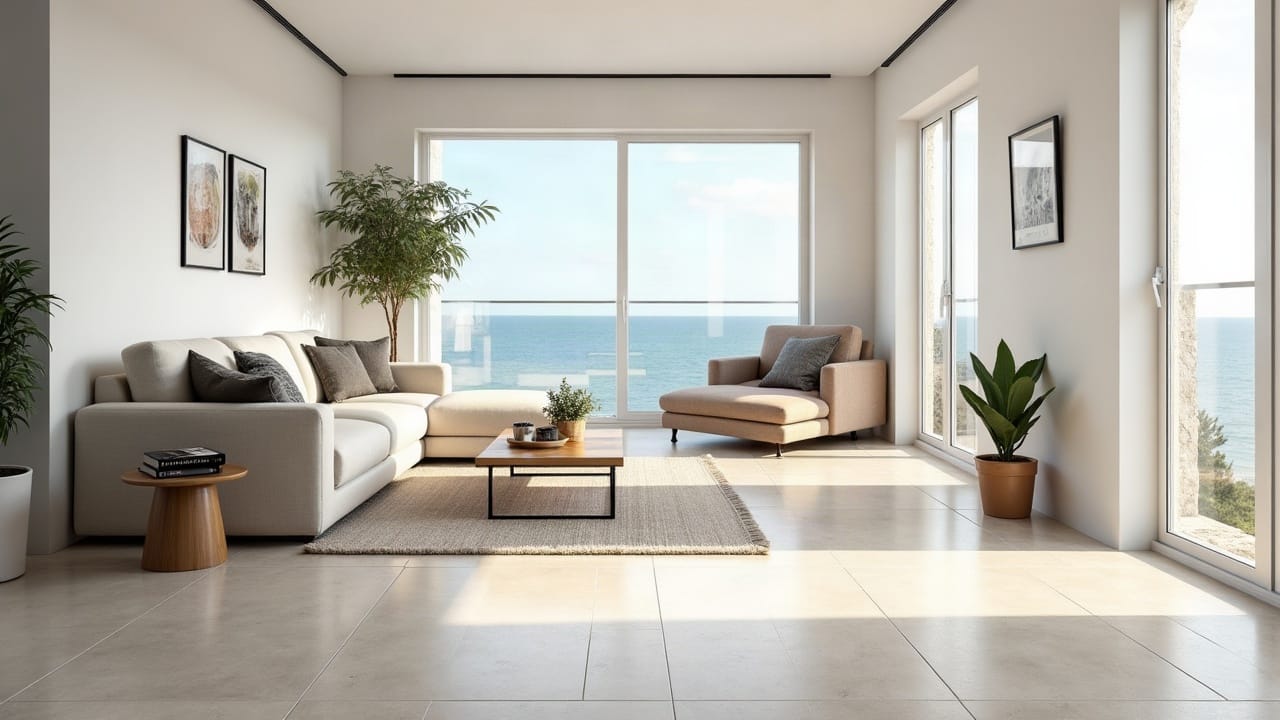 Séjour lumineux au sol en grand format grès cérame gris clair, joints fins alignés vers une baie vitrée