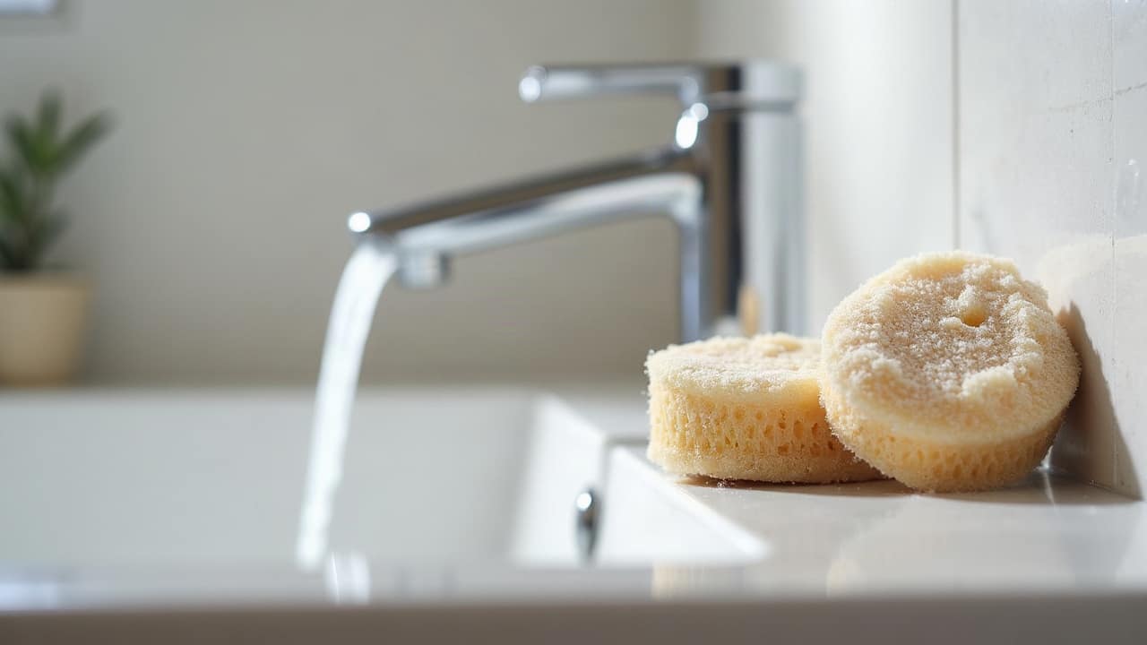 Brosse douce et produit d'entretien posés sur le bord d'un receveur de douche extra-plat, joints clairs et propres, aucune personne, aucun texte lisible