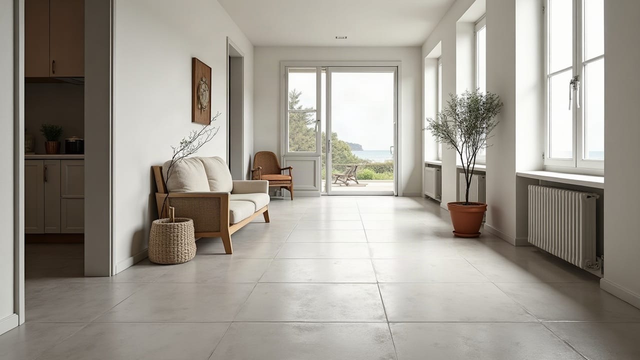 Sol en grand carreau gris clair fini, joints réguliers, dans un couloir d'appartement lumineux