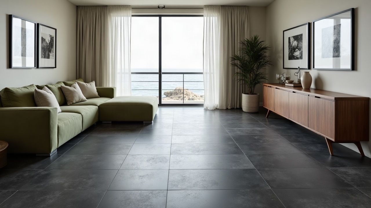 Séjour contemporain au sol en grès cérame anthracite grand format, joints clairs réguliers, ouvert sur la mer