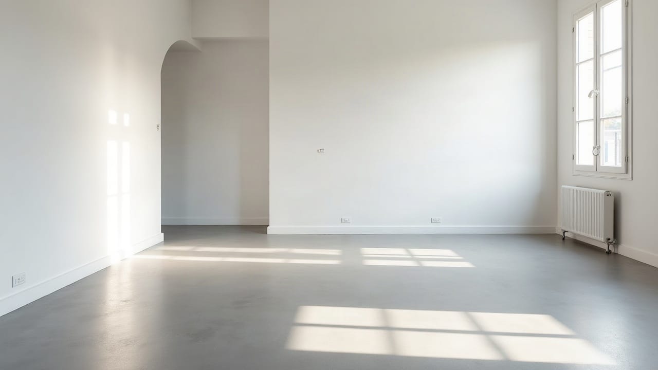 Sol préparé et parfaitement plan avant pose de carrelage, lumière naturelle douce sur la surface fraîche