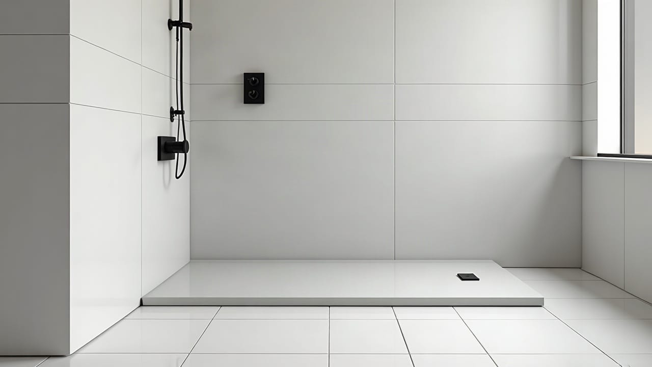 Salle d'eau finie avec receveur extra-plat gris clair et faïence murale blanche, lumière douce