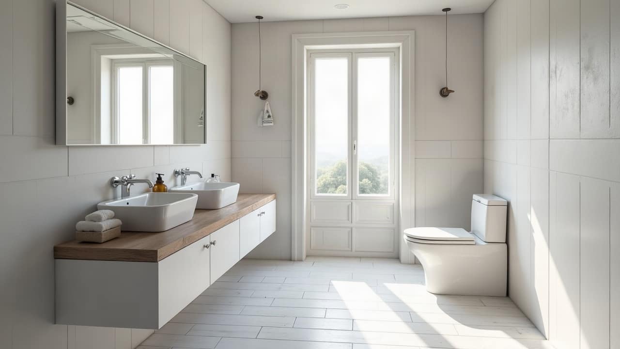 Salle de bain rénovée avec receveur extra-plat et faïence murale blanche fraîchement posée, propre et nette, lumière naturelle, aucune personne