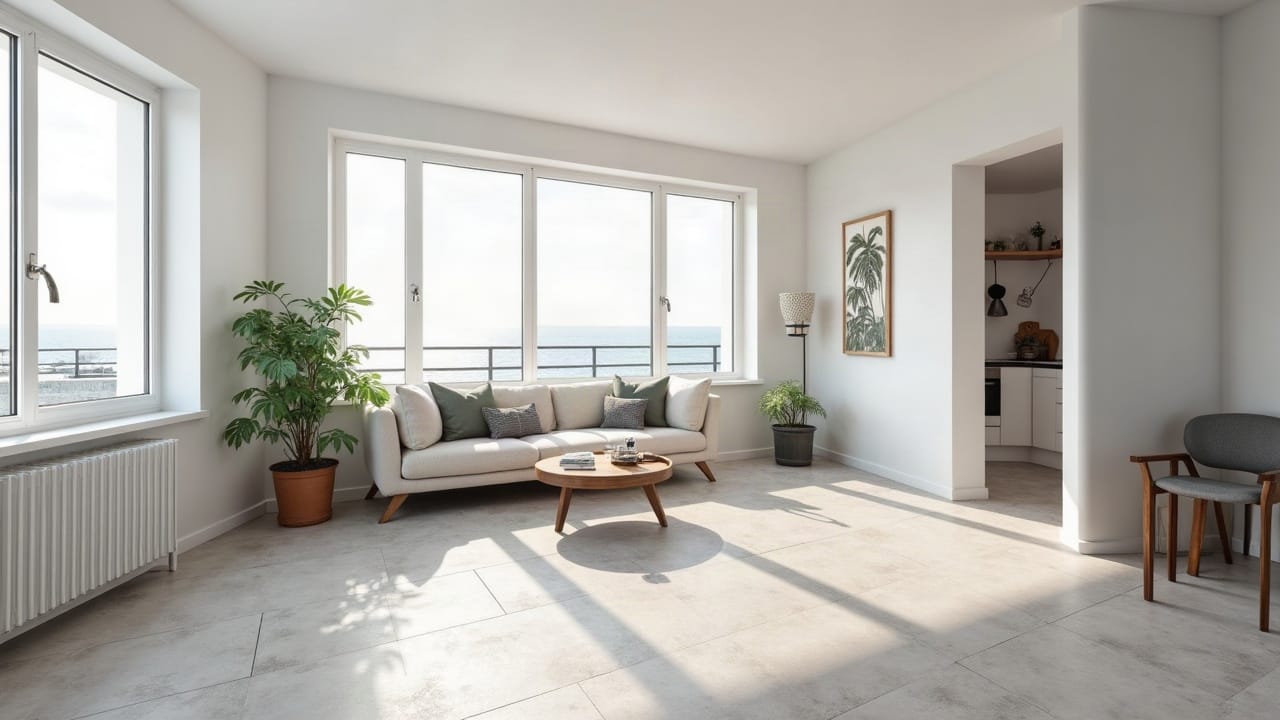 Intérieur d'appartement de la Reconstruction rénové, sol en grand carreau gris clair, baie lumineuse