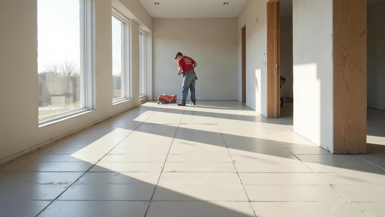 Sol préparé avec une fine couche de primaire d'accroche encore humide, brillant légèrement sous la lumière, aucune personne, aucun outil visible